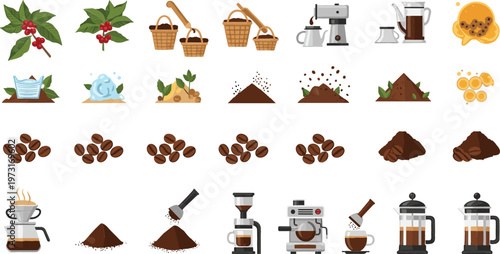Coffee Production Process Illustration Set with Beans Harvest Roasting Grinding Brewing and Equipment Elements for Cafe Industry and Beverage Workflow Design