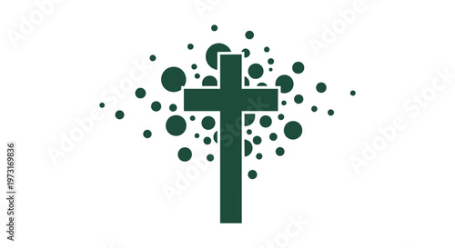 Christian cross in dark green color with abstract circle pattern isolated on white background art