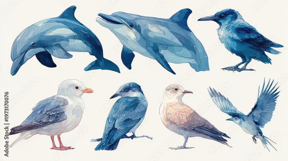 Obraz premium Colorful Illustration of Marine Animals and Birds in Artistic Style