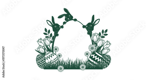 Easter Egg Frame with Cute Rabbits Flowers and Grass for Holiday Card and Crafting Design Vector