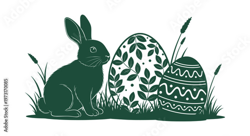 Easter Rabbit Silhouette with Decorative Eggs and Grass Elements Vector Illustration for Holidays