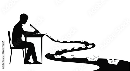 Silhouette of a person writing at a desk as paper boats sail down a winding river of ideas.