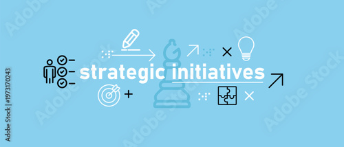 Strategic initiatives header with icons of chess bishop and light bulb representing creative planning and business direction roadmap and organizational transformation projects
