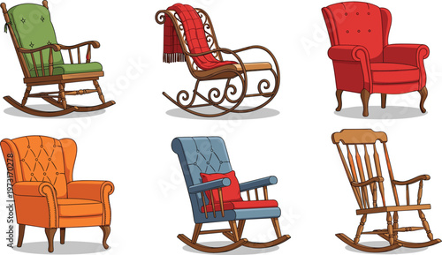Variety of Rocking Chairs Set with Different Designs, Colors, and Wooden Frames for Home Furniture, Interior Decor, and Relaxation Spaces