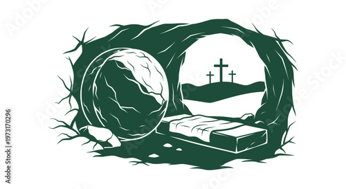 Resurrection of Jesus Christ With Empty Tomb Stone Rolled Away and Three Crosses on Calvary Hill