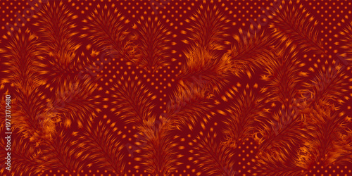 Abstract Seamless Pattern with Golden Feather-Like Foliage and Polka Dots