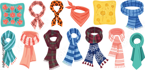 Collection of stylish scarves and neck accessories in various patterns including plaid, floral, striped and knitted designs isolated on white background