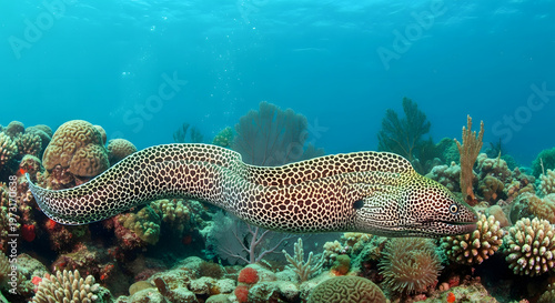 Giant honeycomb moray eel swimming over coral reef in tropical blue sea