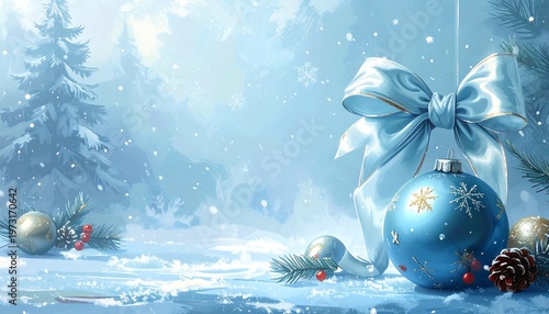 A serene winter scene with snow-covered trees and festive ornaments