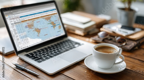 Cozy office setup with a laptop displaying a world map and a cup of coffee, surrounded by stationery and notebooks on a wooden desk for remote work or travel planning