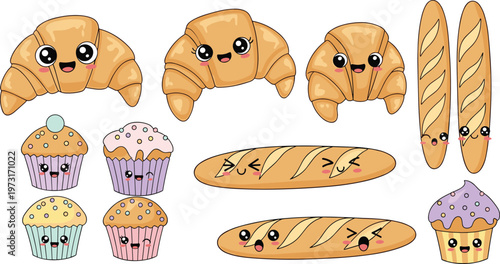 Kawaii Cartoon Bakery Set Featuring Smiling Croissants, Muffins, and Baguettes in Soft Pastel Colors for Dessert Illustrations and Sweet Treat Designs.