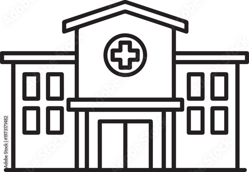 Black outlined icon of hospital