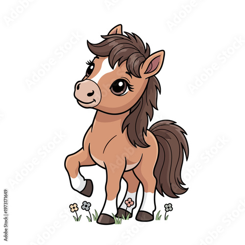 Cute Cartoon Pony Horse Standing in Flowers, Adorable Equine Character Illustration