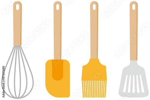 泡だて器やターナーのセット、調理器具の独立した白背景のイラスト素材