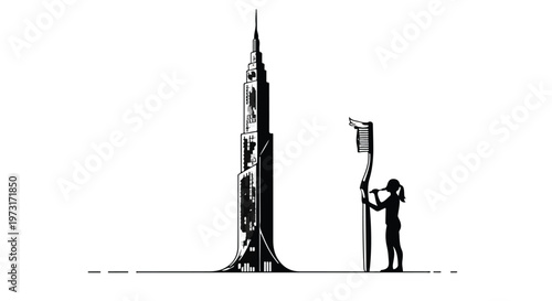 Giant toothbrush cleans a towering skyscraper, emphasizing hygiene and urban cleanliness.