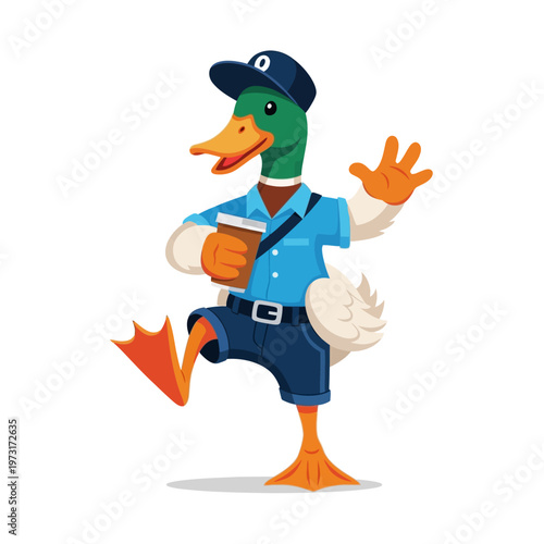 Happy Duck Delivery Person with Coffee Cup Waving Hello