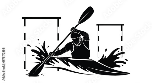 A dynamic illustration depicts a kayaker mid stroke navigating slalom gates with splashing water presented as a silhouette high quality professional detailed