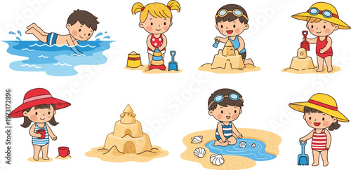 Summer Beach Fun Illustration Set with Kids Swimming, Building Sandcastles, and Playing with Toys for Vacation, Playtime, and Outdoor-Themed Designs