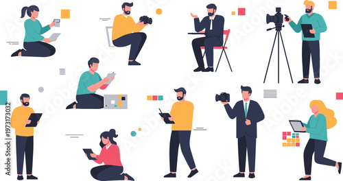 Content Creators and Media Production Illustration Set Featuring Videographers Photographers Bloggers and Digital Creators Using Cameras and Devices for Creative Industry Design