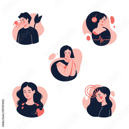 Mental Health Icons: Sadness, Anxiety, Heartbeat, Stress, and Pain