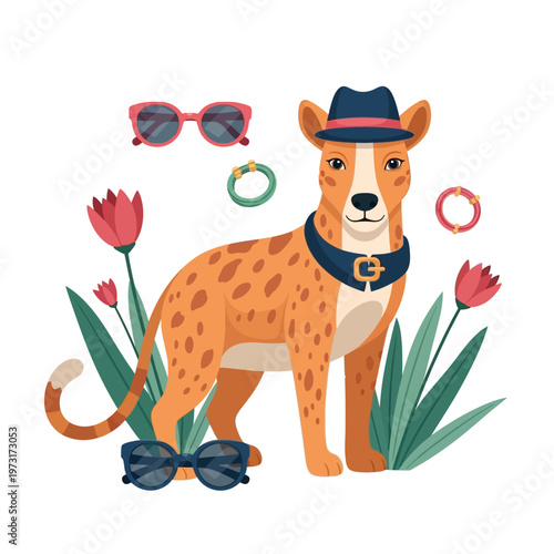 Stylish Cheetah Fashionista with Accessories, Sunglasses, Hat, Flowers