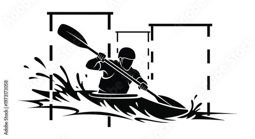 A dynamic black silhouette of a kayaker navigating whitewater amidst abstract geometric shapes conveying speed and agility silhouette high quality professional