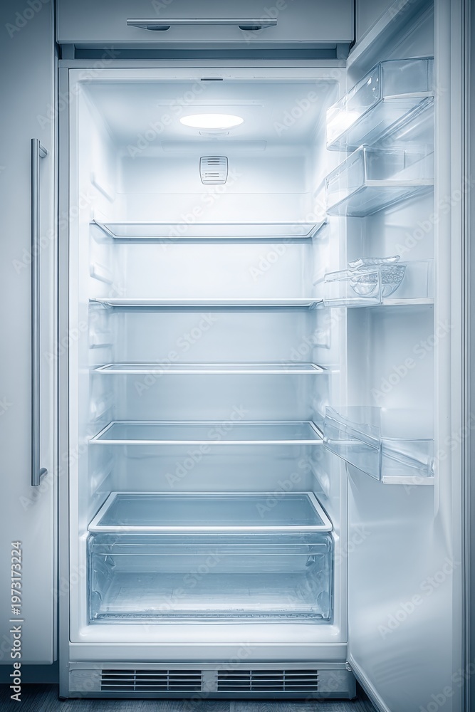 Fototapeta premium Clean, Empty Refrigerator Interior with Open Door and Interior Light Illuminating Shelves and Drawers