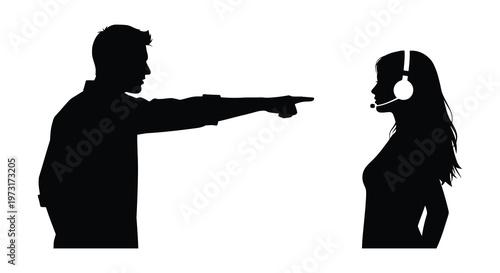 A man points directly at a woman wearing headphones creating a tense and dramatic visual composition silhouette high quality professional