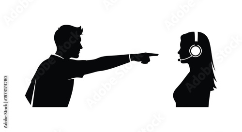 A stark black silhouette depicts a man pointing at a woman wearing a headset conveying a sense of direction or accusation silhouette