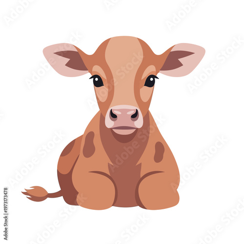 Cute brown calf sitting isolated on white background, farm animal illustration
