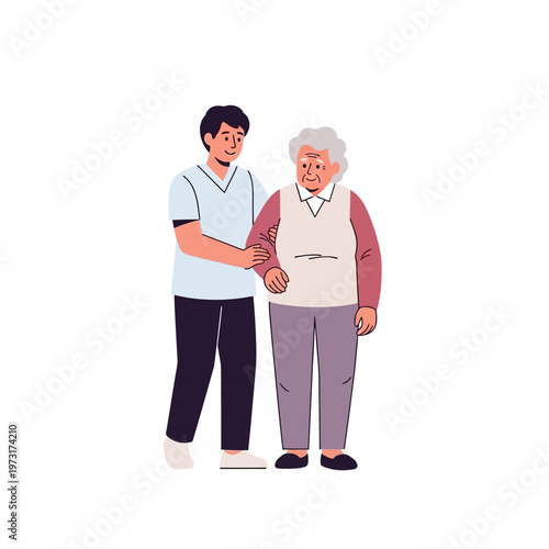 Caregiver assisting elderly woman walking, support and compassion