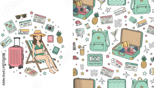 Summer Vacation and Travel Illustration Set with Suitcases, Sunglasses, Beach Accessories, and Fun Vacation Essentials
