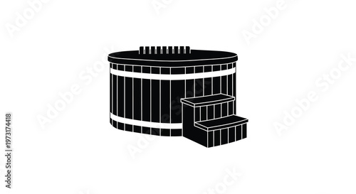 A black and white illustration depicts a round hot tub with steps presented as a striking silhouette high quality professional detailed