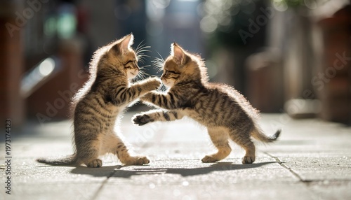 Two playful kittens wrestling and playing together outdoors in the evening light.