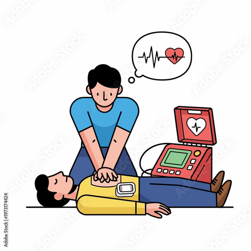 CPR and AED Training: Person performing chest compressions on another person with defibrillator nearby
