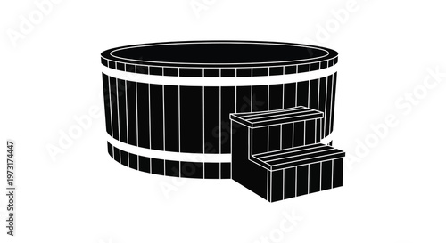 A black silhouette of a wooden hot tub with steps against a white background showcasing simple design silhouette high quality professional