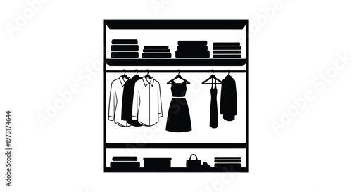 A minimalist black and white depiction of a closet interior with clothes shelves and hangers silhouette high quality professional detailed