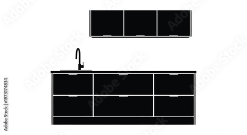Minimalist kitchen design featuring black cabinets a countertop and a faucet presented as a flat silhouette high quality professional detailed modern