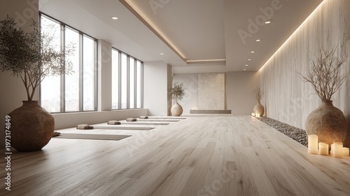 Serene Modern Yoga Studio with Natural Light, Minimalist Decor, and Peaceful Ambiance