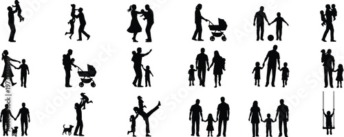 Large Set of Family Silhouettes Including Parents with Children, Mothers with Strollers, Happy Couples, and Families Playing Outdoors in Various Poses.