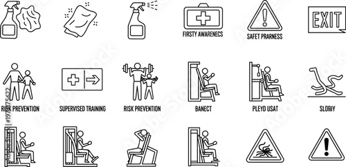 Gym Safety and Hygiene Line Icon Set Featuring Cleaning Tools, First Aid, Risk Prevention, Supervised Training, Warning Signs, and Fitness Equipment Usage Guidelines