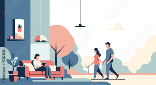 Cozy indoor scene with a person reading on a sofa and a couple walking outdoors in a park-like setting, serene lifestyle illustration