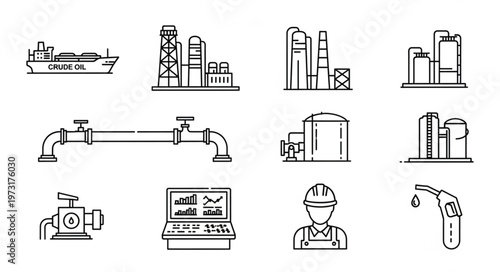 Oil and Gas Industry Icons - Transportation, Processing, and Technology.