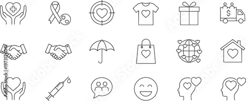 Minimalist thin line charity donation volunteer outline icons, healthcare support, global community love, mental health awareness, vector graphic illustration set