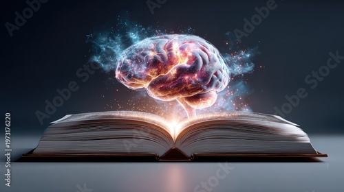 Surreal Concept of an Open Book with a Glowing Brain Emanating Cosmic Energy, Symbolizing Knowledge, Creativity, and the Power of Imagination in a Dark Background