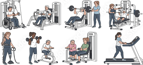 Inclusive Fitness and Rehabilitation Illustration Set Featuring Adaptive Training, Wheelchair Exercise, Prosthetic Athletes, Assisted Gym Workouts, and Accessible Health Activities