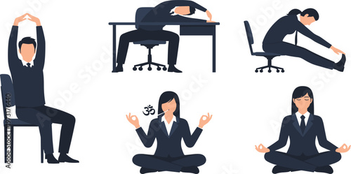 Office Stretching and Workplace Wellness Illustration Set Featuring Seated Exercises, Desk Stretching, Relaxation, and Meditation for Healthy Office Routine Design