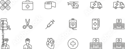 Minimalist thin line medical emergency healthcare outline icons, hospital building, doctor nurse, ambulance transport, first aid kit, vector illustration set