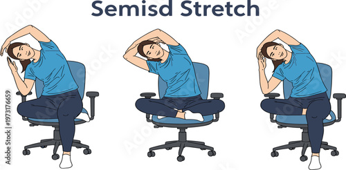 Seated Side Stretch Exercise Illustration Set Featuring Office Chair Yoga Poses for Flexibility, Posture Correction, and Workplace Wellness Routine Design