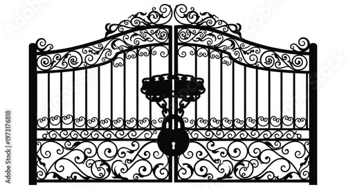 Intricate black metal gates with floral designs and a central lock create a decorative entryway silhouette high quality professional detailed modern